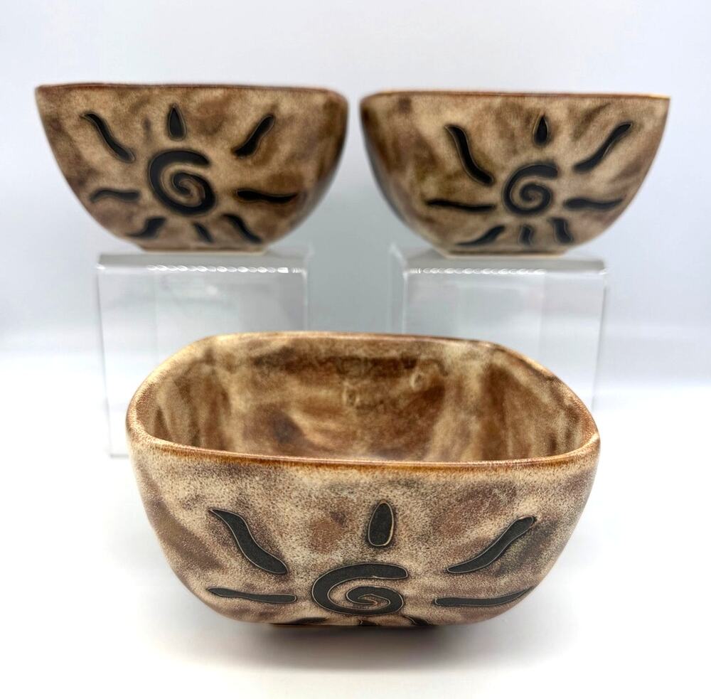 Mara Ceramic Stoneware Set of 3 Square Bowls Sunburst Swirl Design 6" x 3"